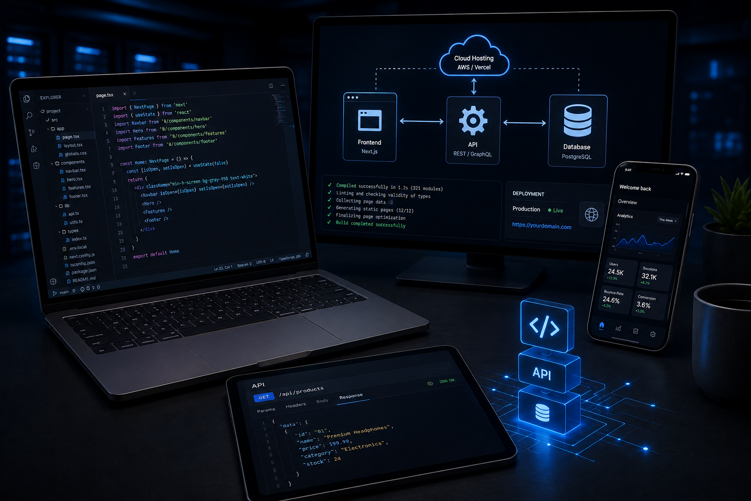 Software development workspace showing code, APIs, database architecture and applications