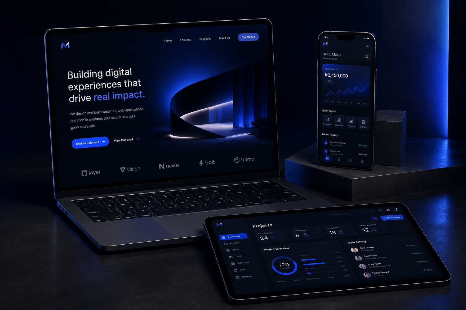 Digital product interface displayed across desktop and mobile devices