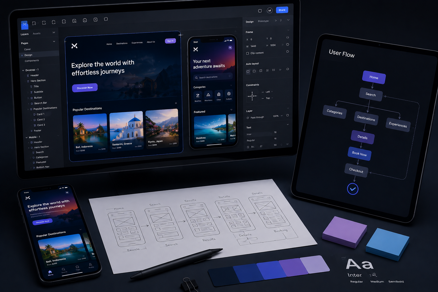 User experience and interface design workspace showing screens and user flows