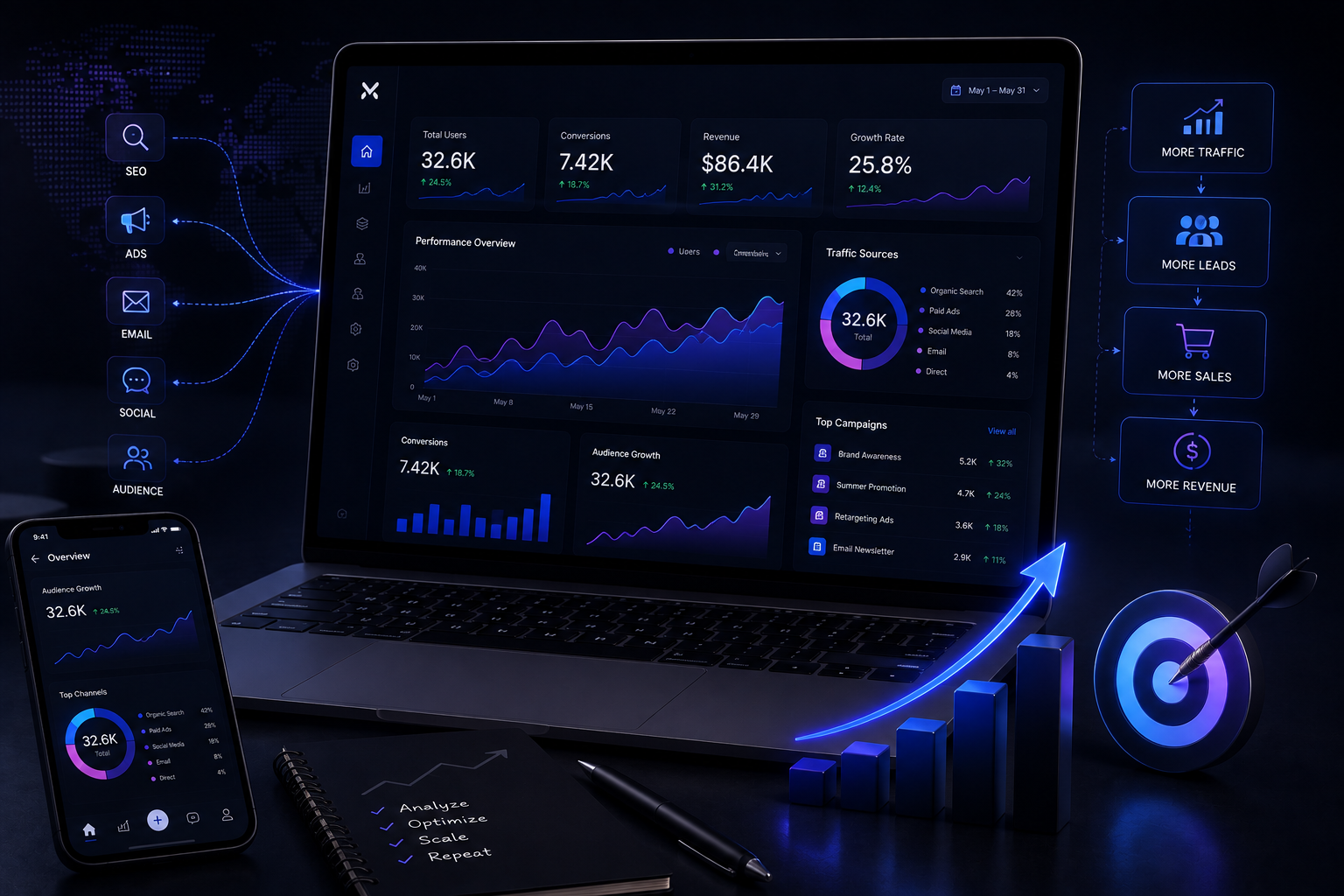 Digital growth and analytics dashboard showing traffic, conversions and performance